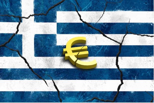 Greek Flag - sattered with broken Euro