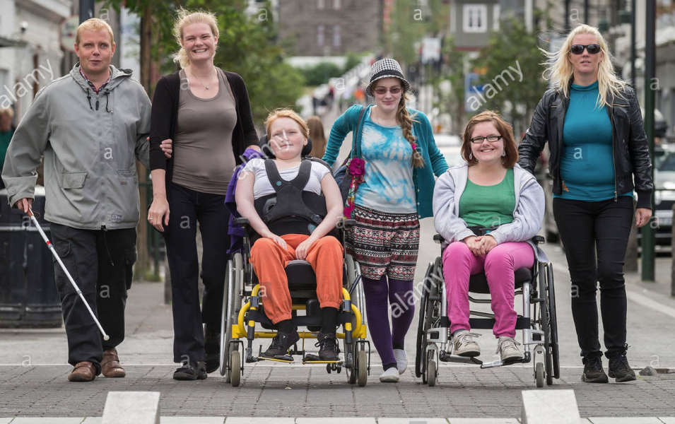 iceland Reykjavik handicapped group on street - 2